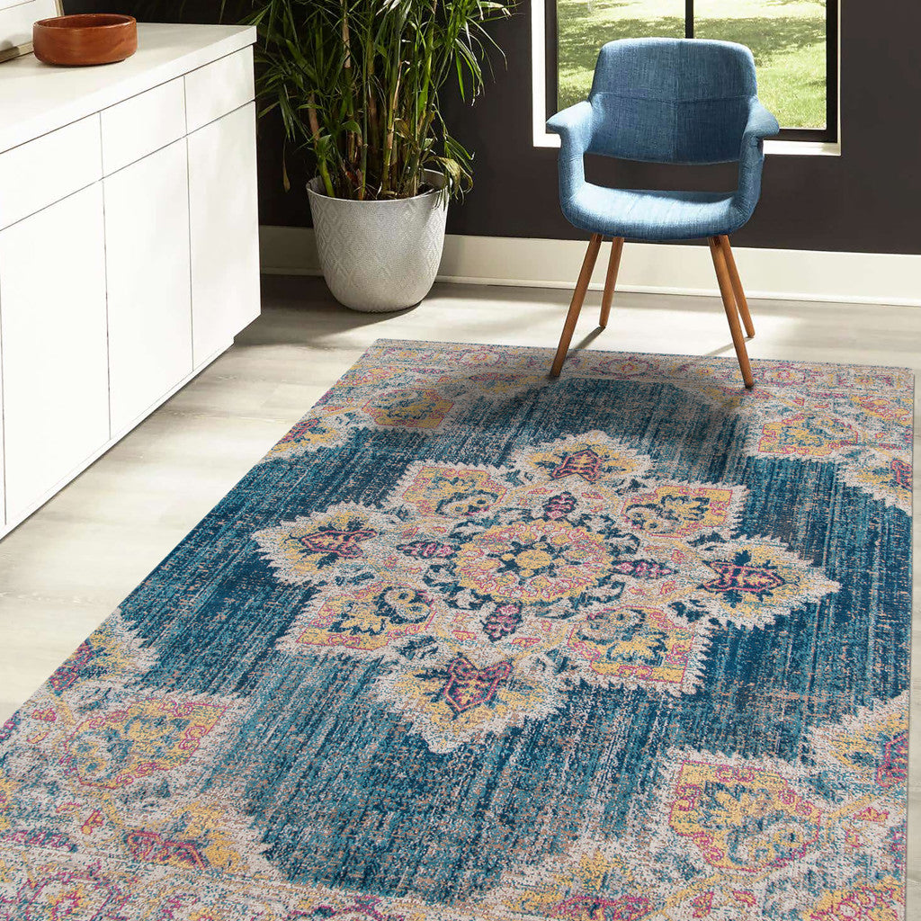 10' x 14' Teal Blue Medallion Power Loom Area Rug With Fringe