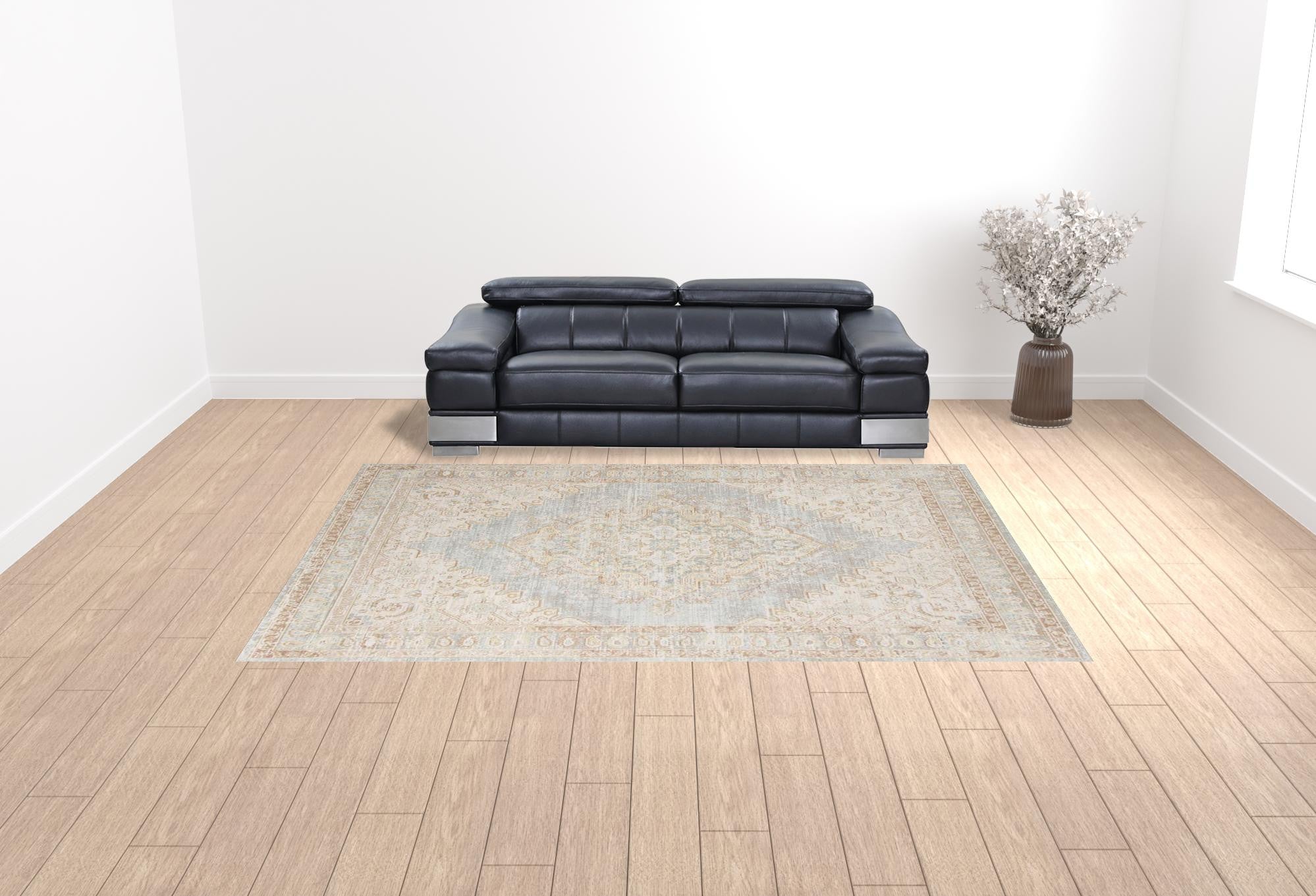 9' X 13' Blue and Gray Medallion Power Loom Distressed Area Rug