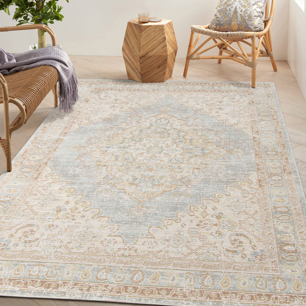 9' X 13' Blue and Gray Medallion Power Loom Distressed Area Rug