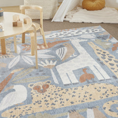 7' x 9' Ivory Blue and Gray Animal Print Power Loom Washable Area Rug
