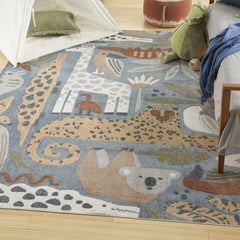 7' x 9' Ivory Blue and Gray Animal Print Power Loom Washable Area Rug