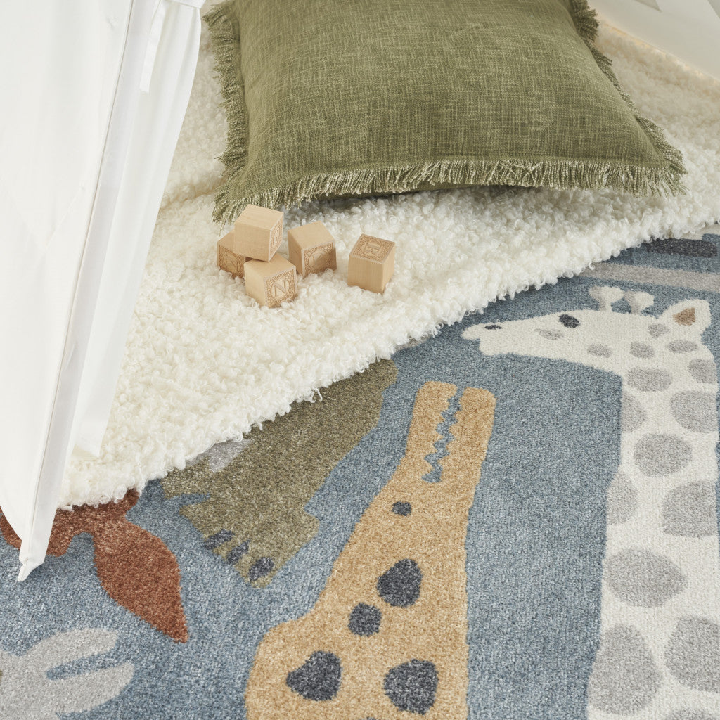 7' x 9' Ivory Blue and Gray Animal Print Power Loom Washable Area Rug