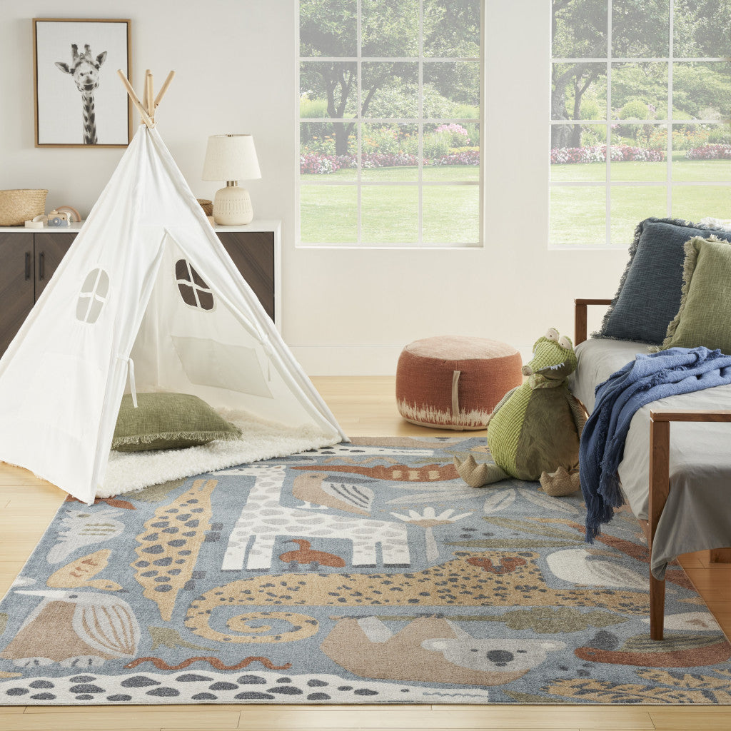 7' x 9' Ivory Blue and Gray Animal Print Power Loom Washable Area Rug