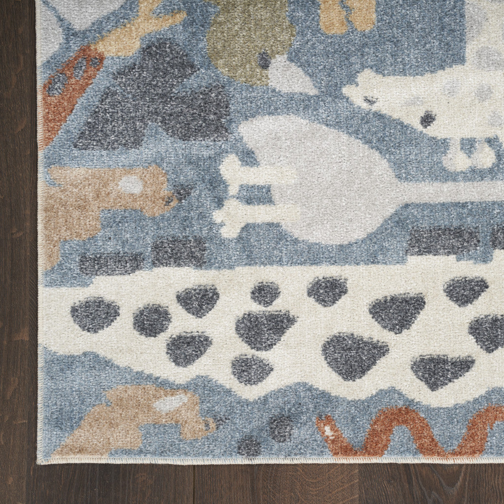 7' x 9' Ivory Blue and Gray Animal Print Power Loom Washable Area Rug
