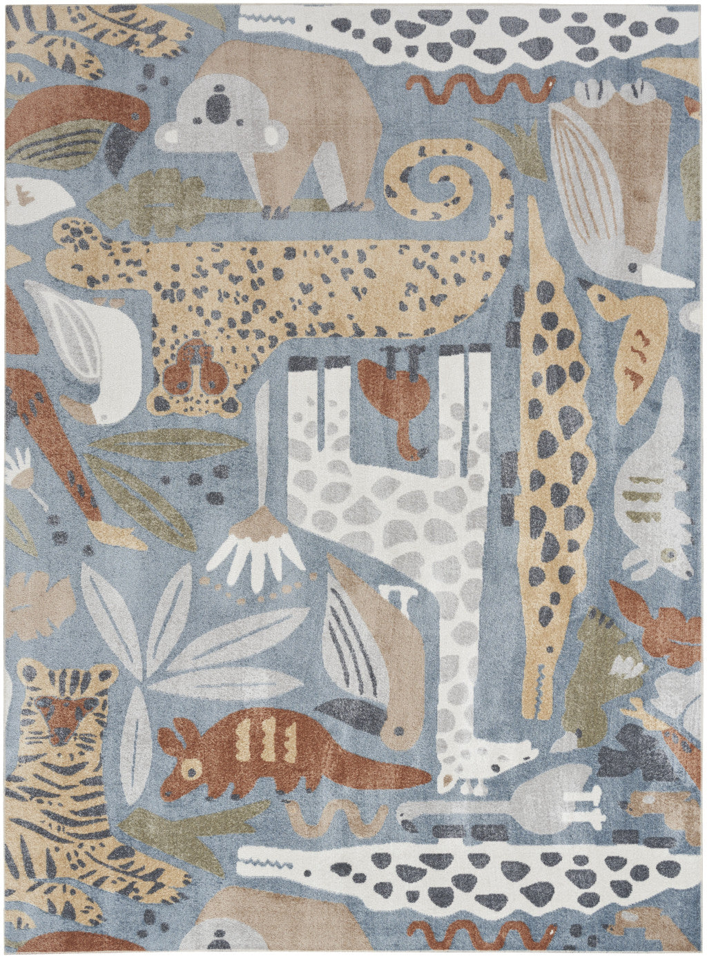 7' x 9' Ivory Blue and Gray Animal Print Power Loom Washable Area Rug