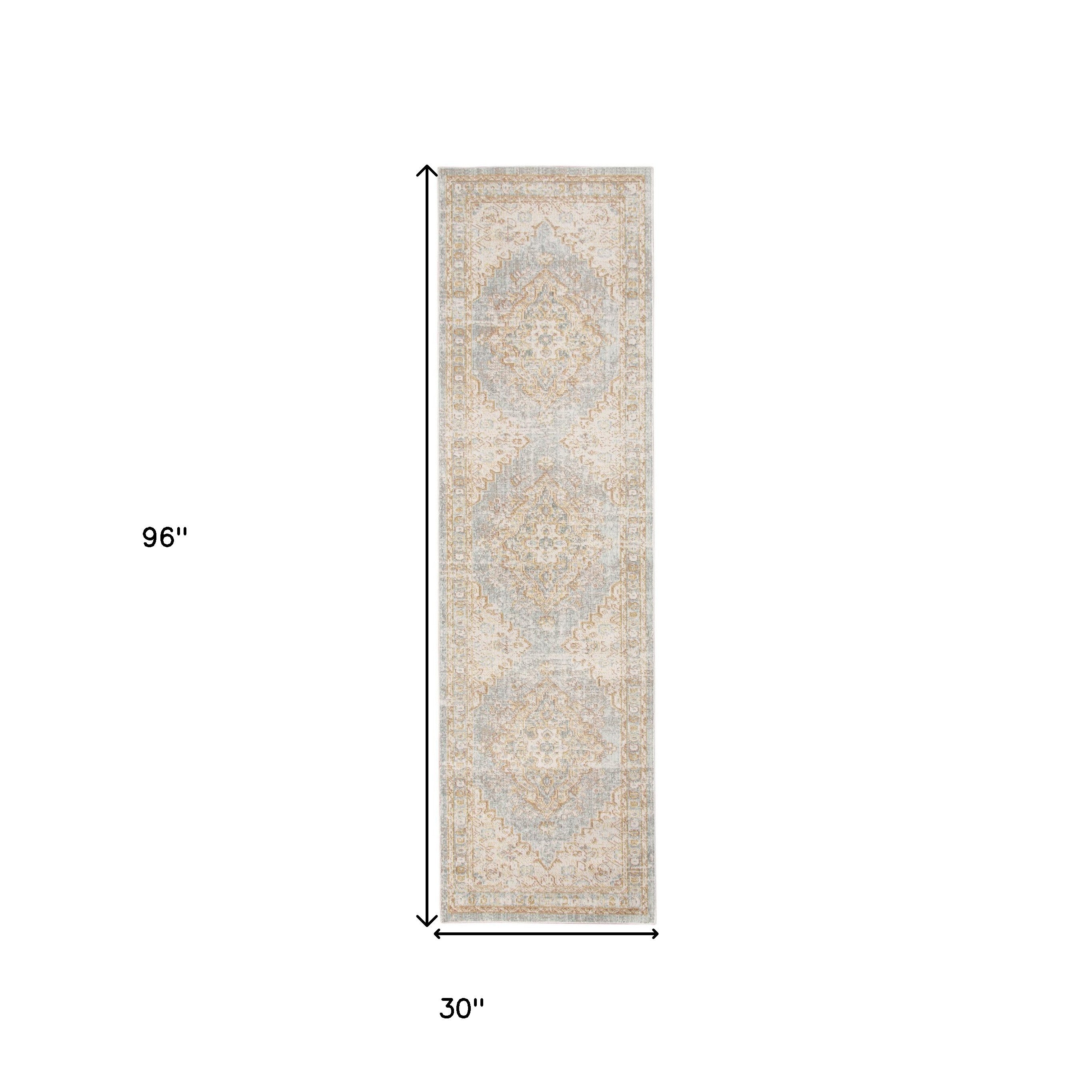 8' Blue and Gray Medallion Power Loom Distressed Runner Rug