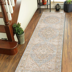 8' Blue and Gray Medallion Power Loom Distressed Runner Rug