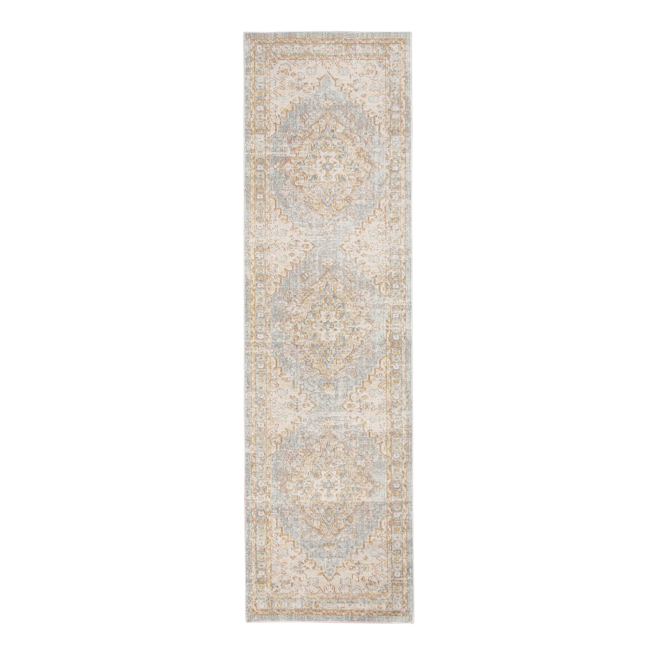 8' Blue and Gray Medallion Power Loom Distressed Runner Rug