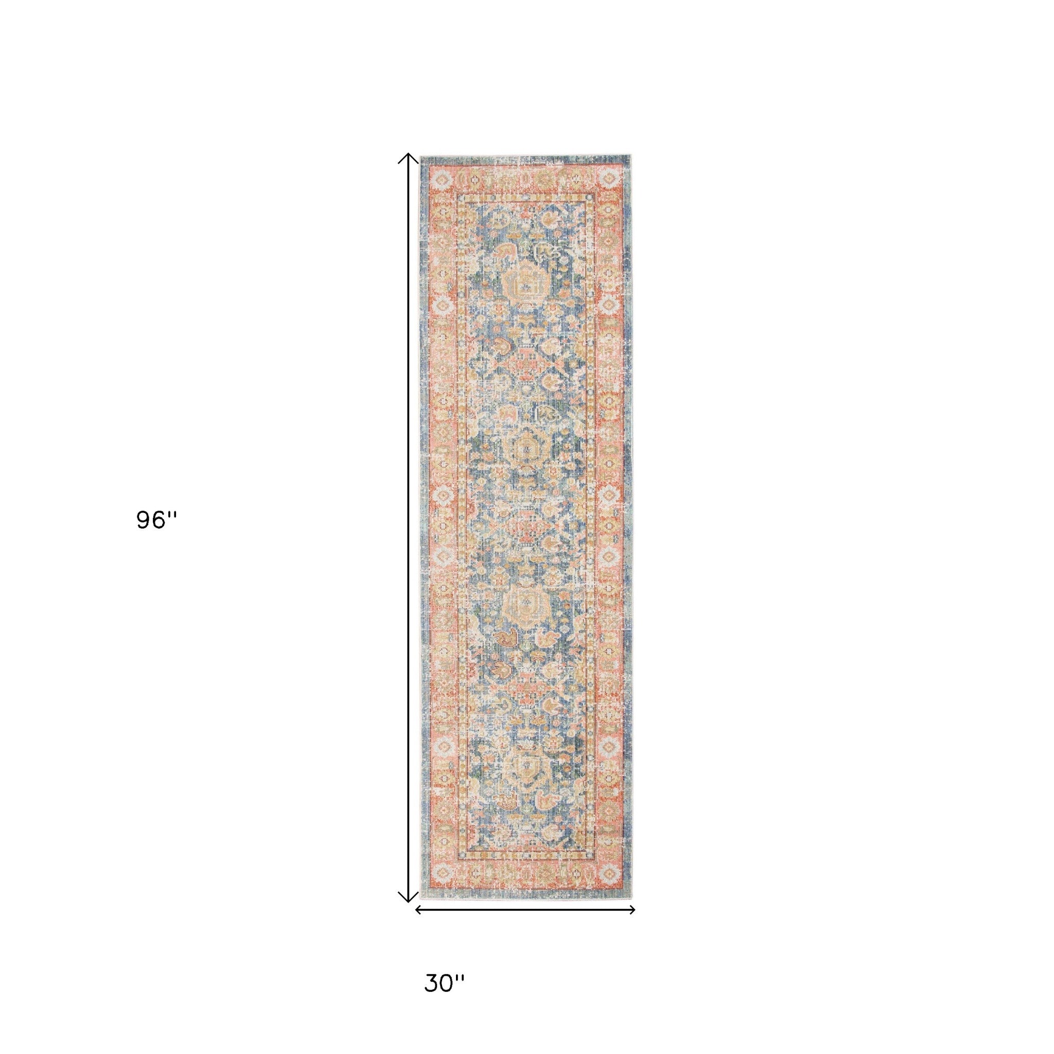 8' Blue Floral Power Loom Runner Rug