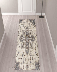 10' Ivory and Blue Medallion Power Loom Runner Rug