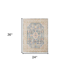 2' x 3' Blue and Ivory Oriental Power Loom Distressed Area Rug