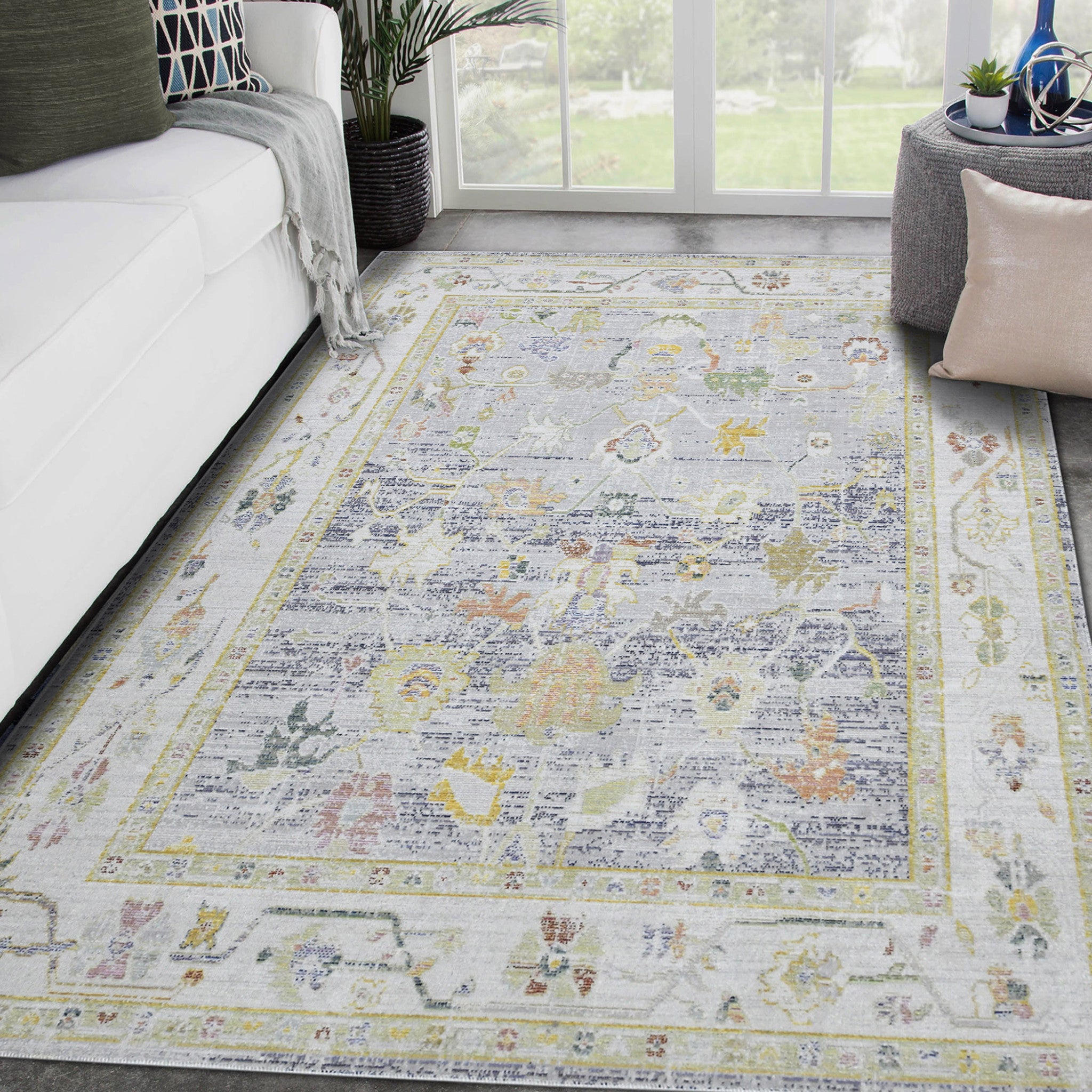 2' x 3' Blue and Ivory Oriental Power Loom Distressed Area Rug
