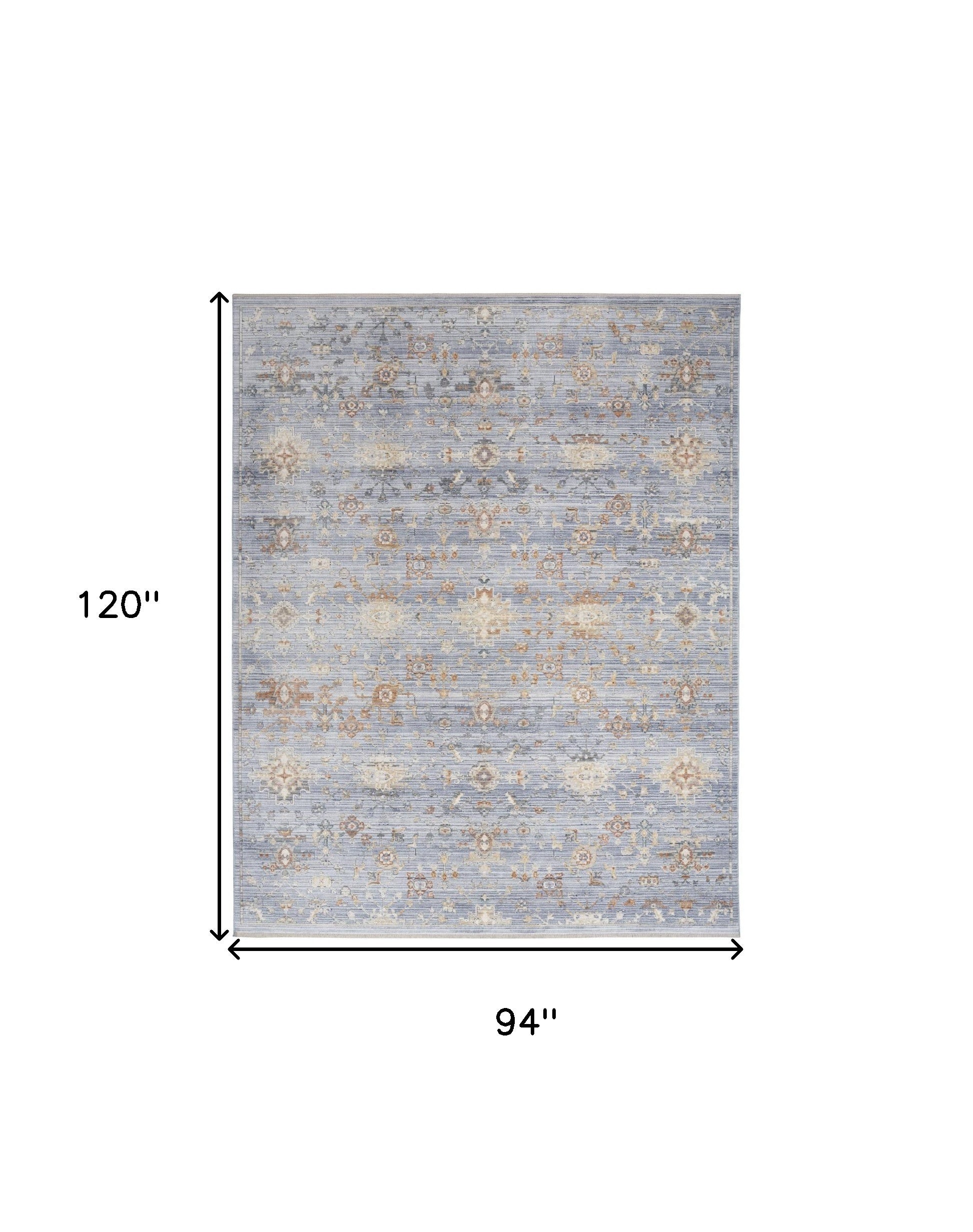 8' x 10' Blue and Ivory Oriental Power Loom Distressed Area Rug With Fringe