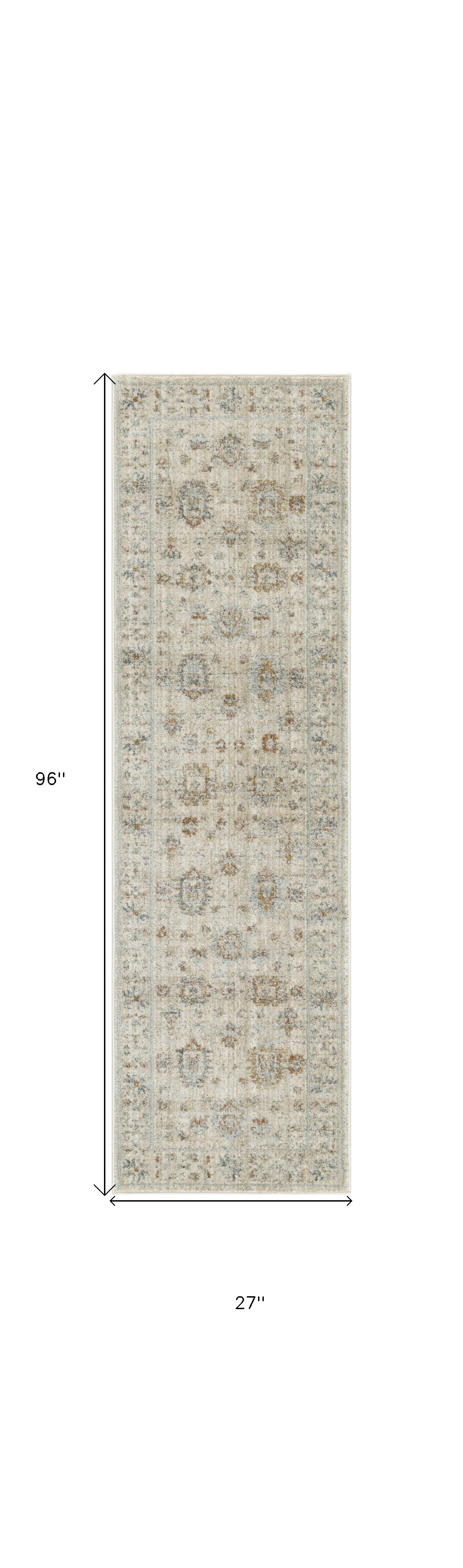 8' Beige and Ivory Oriental Power Loom Distressed Runner Rug With Fringe