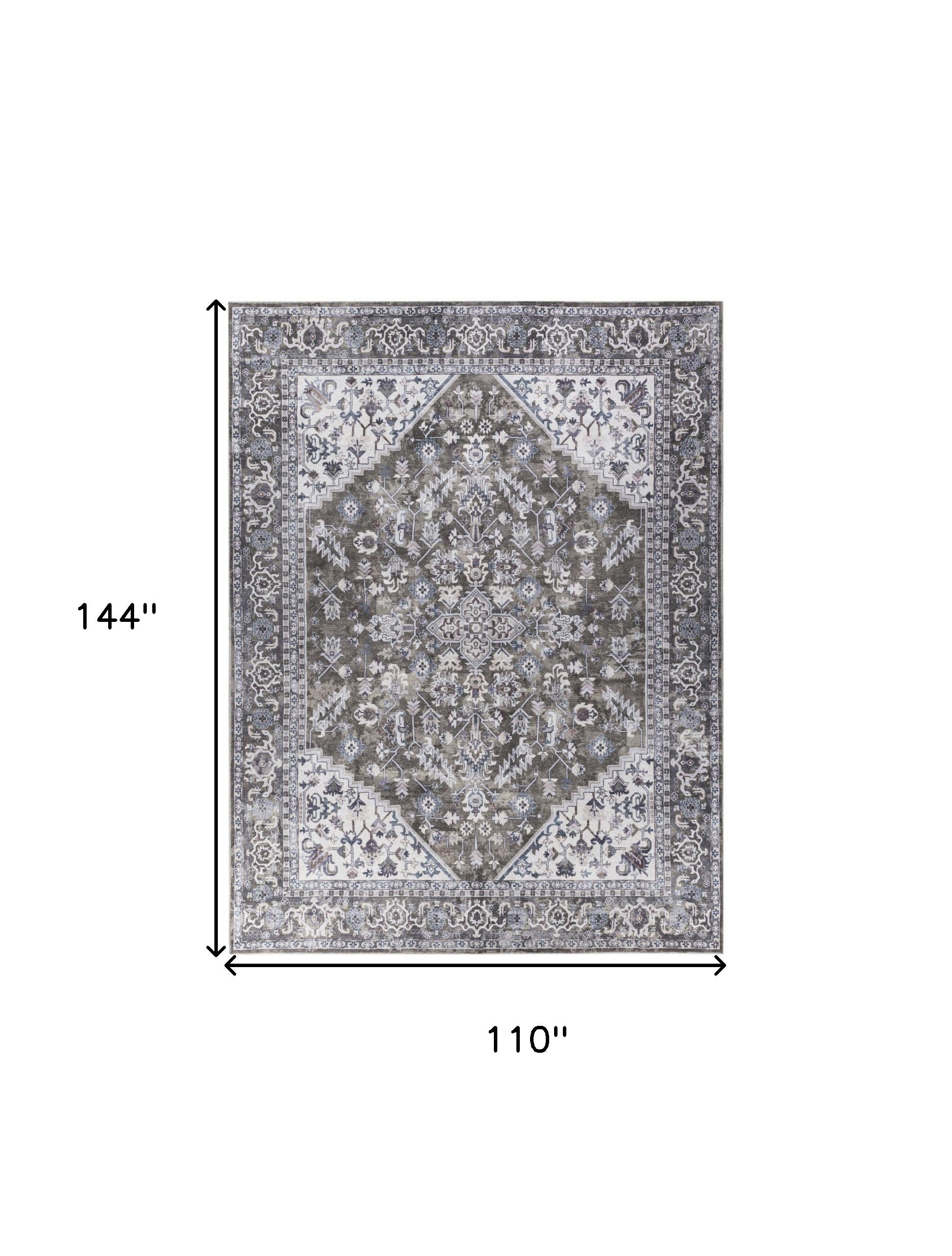 9' x 12' Green and Ivory Floral Power Loom Distressed Washable Area Rug
