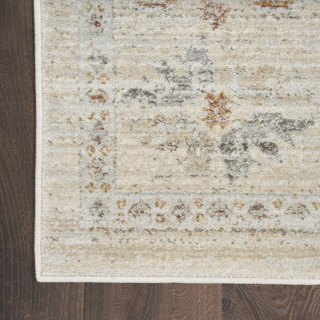 8' Beige and Ivory Oriental Power Loom Distressed Runner Rug With Fringe