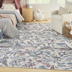 5' x 7' Ivory Green and Red Floral Power Loom Washable Non Skid Area Rug