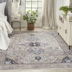 8' x 10' Ivory and Blue Oriental Power Loom Distressed Washable Non Skid Area Rug
