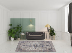 8' x 10' Ivory and Blue Oriental Power Loom Distressed Washable Non Skid Area Rug