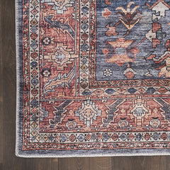 5' x 7' Blue and Red Oriental Power Loom Distressed Washable Non Skid Area Rug