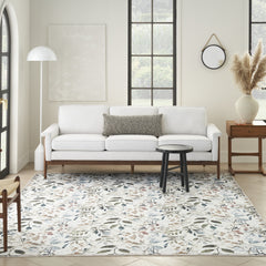 6' x 9' Ivory Green and Red Floral Power Loom Washable Non Skid Area Rug