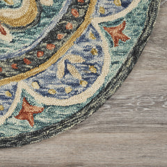 4' Blue Round Wool Floral Hand Tufted Area Rug