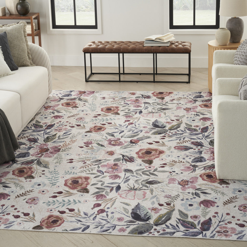 5' x 7' Ivory Pink and Green Floral Power Loom Washable Non Skid Area Rug