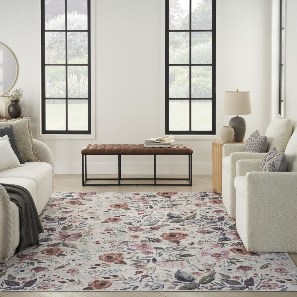 5' x 7' Ivory Pink and Green Floral Power Loom Washable Non Skid Area Rug