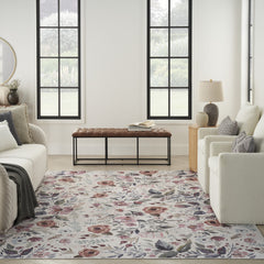 5' x 7' Ivory Pink and Green Floral Power Loom Washable Non Skid Area Rug