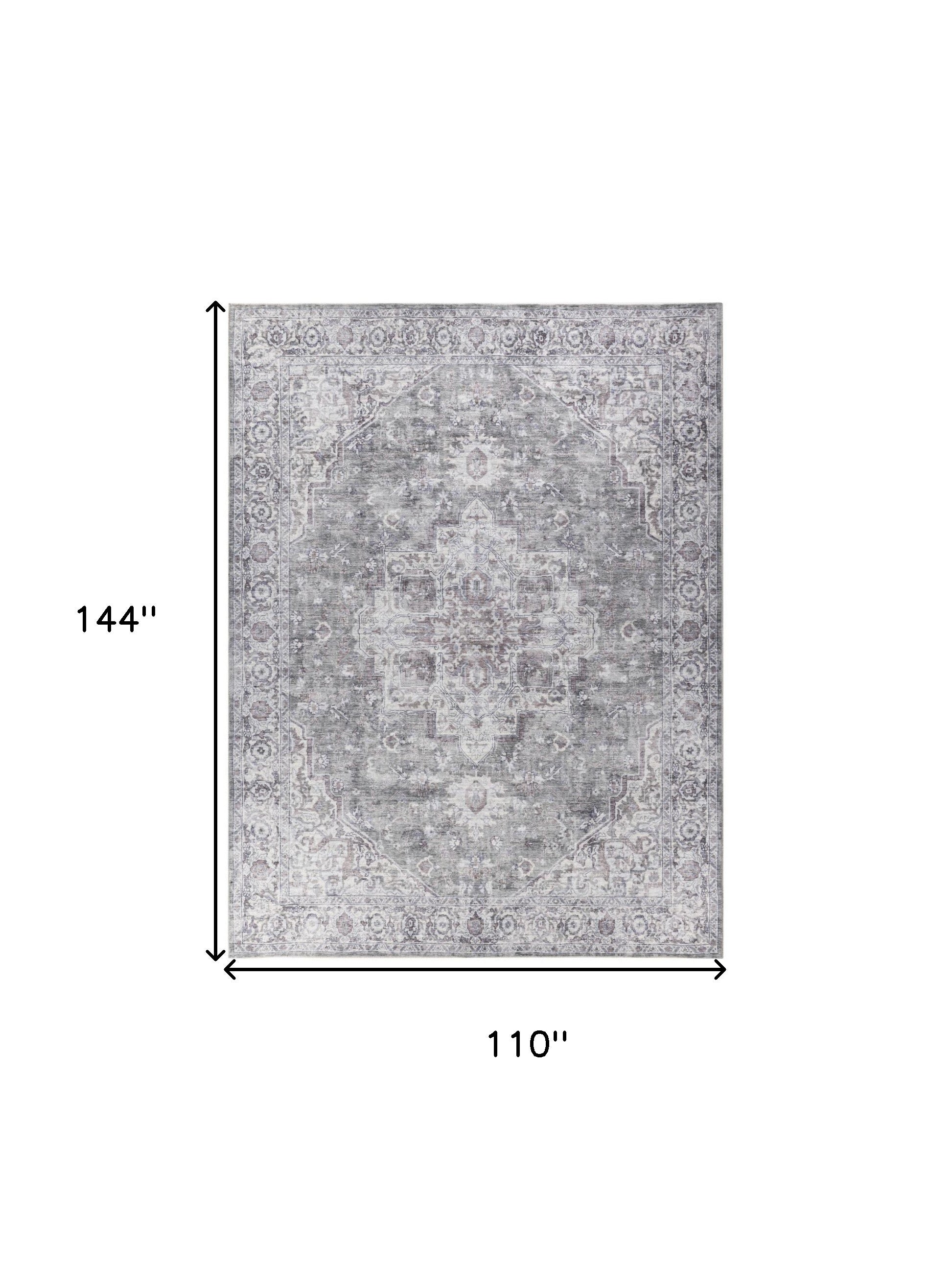 9' x 12' Gray and Ivory Floral Power Loom Distressed Washable Area Rug