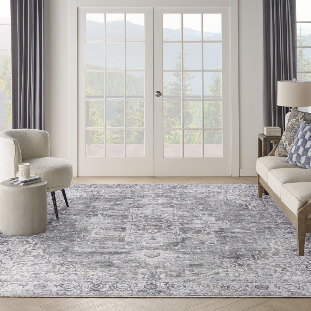 9' x 12' Gray and Ivory Floral Power Loom Distressed Washable Area Rug