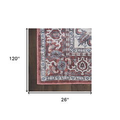 10' Red and Ivory Floral Power Loom Distressed Washable Runner Rug