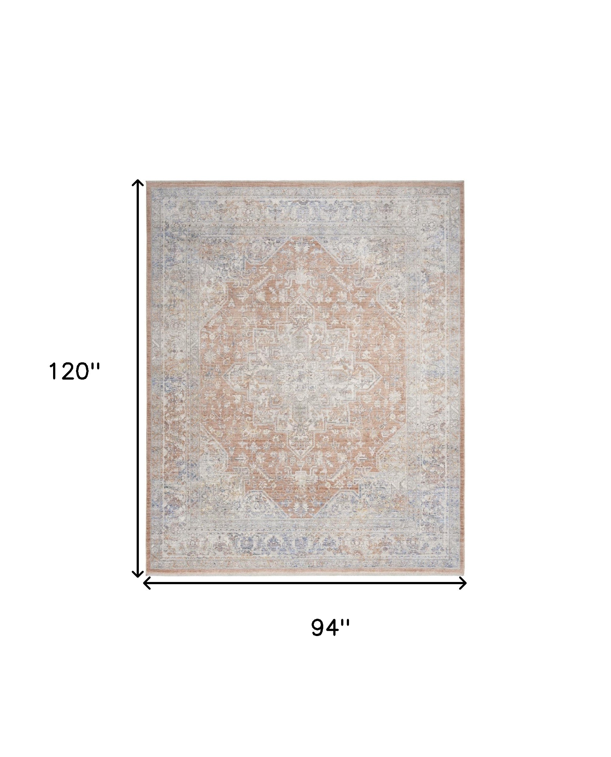 8' x 10' Brown and Blue Oriental Power Loom Distressed Area Rug With Fringe