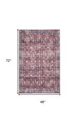 4' x 6' Red and Ivory Oriental Power Loom Distressed Washable Non Skid Area Rug