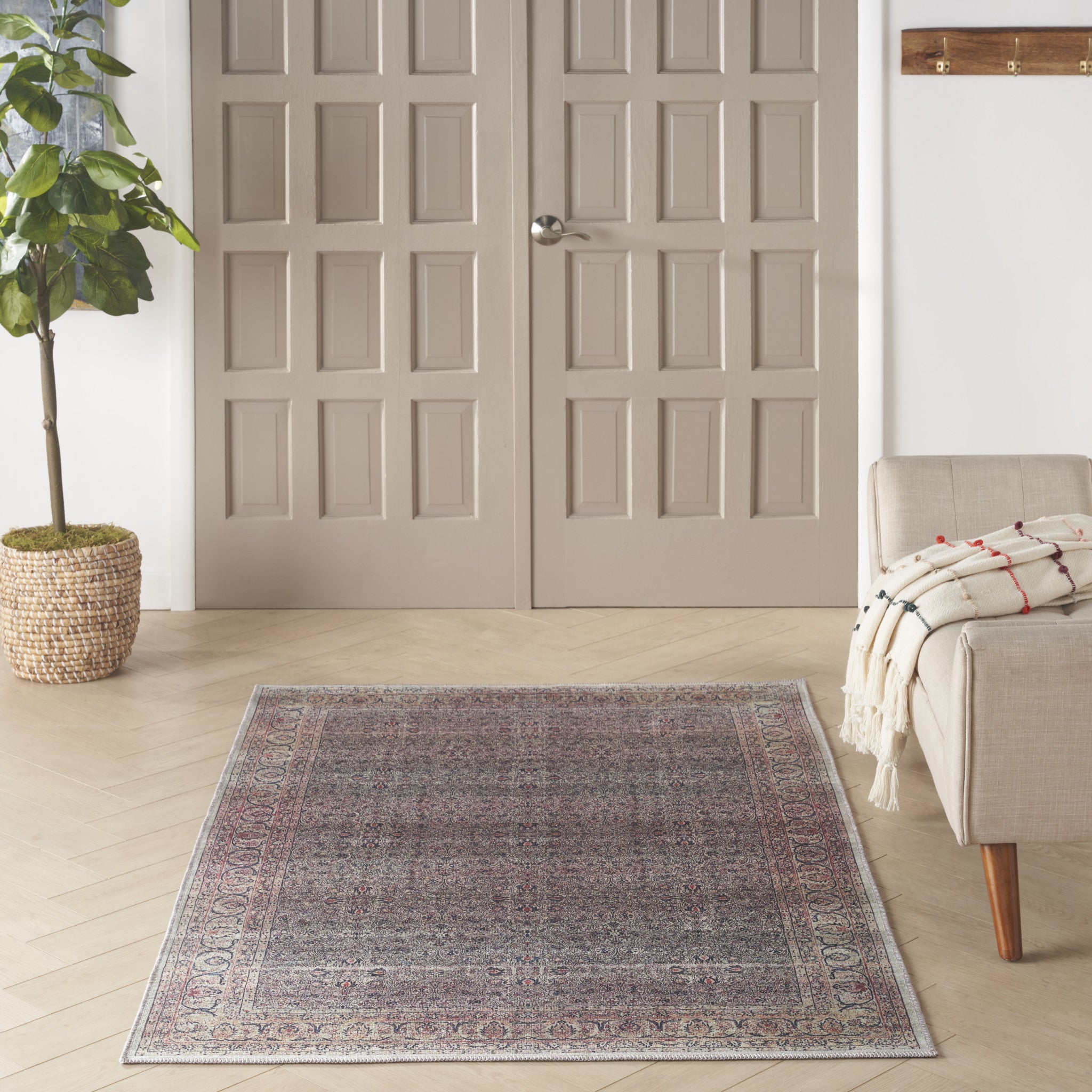 4' x 6' Ivory Blue and Gray Oriental Power Loom Distressed Washable Non Skid Area Rug