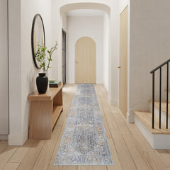 12' Ivory and Blue Oriental Power Loom Distressed Runner Rug With Fringe