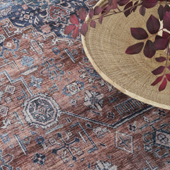 8' x 10' Blue and Red Oriental Power Loom Distressed Washable Non Skid Area Rug