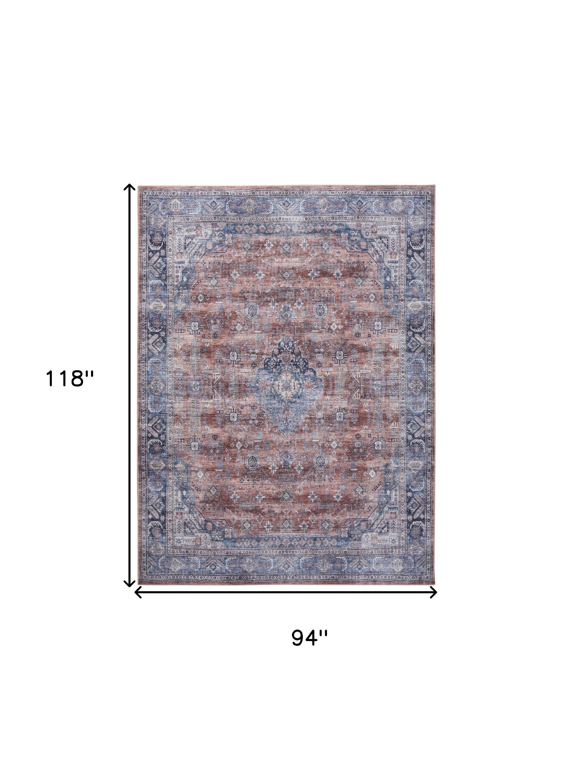 8' x 10' Blue and Red Oriental Power Loom Distressed Washable Non Skid Area Rug