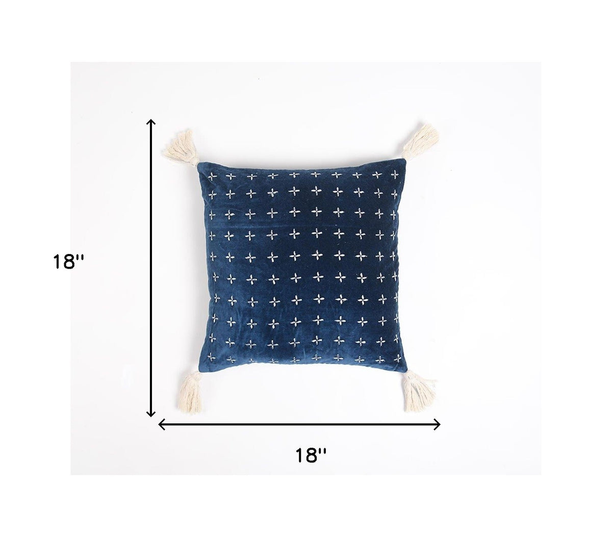 18" X 18" Blue and White Geometric Cotton Pillow Cover With Embroidery and Tassels