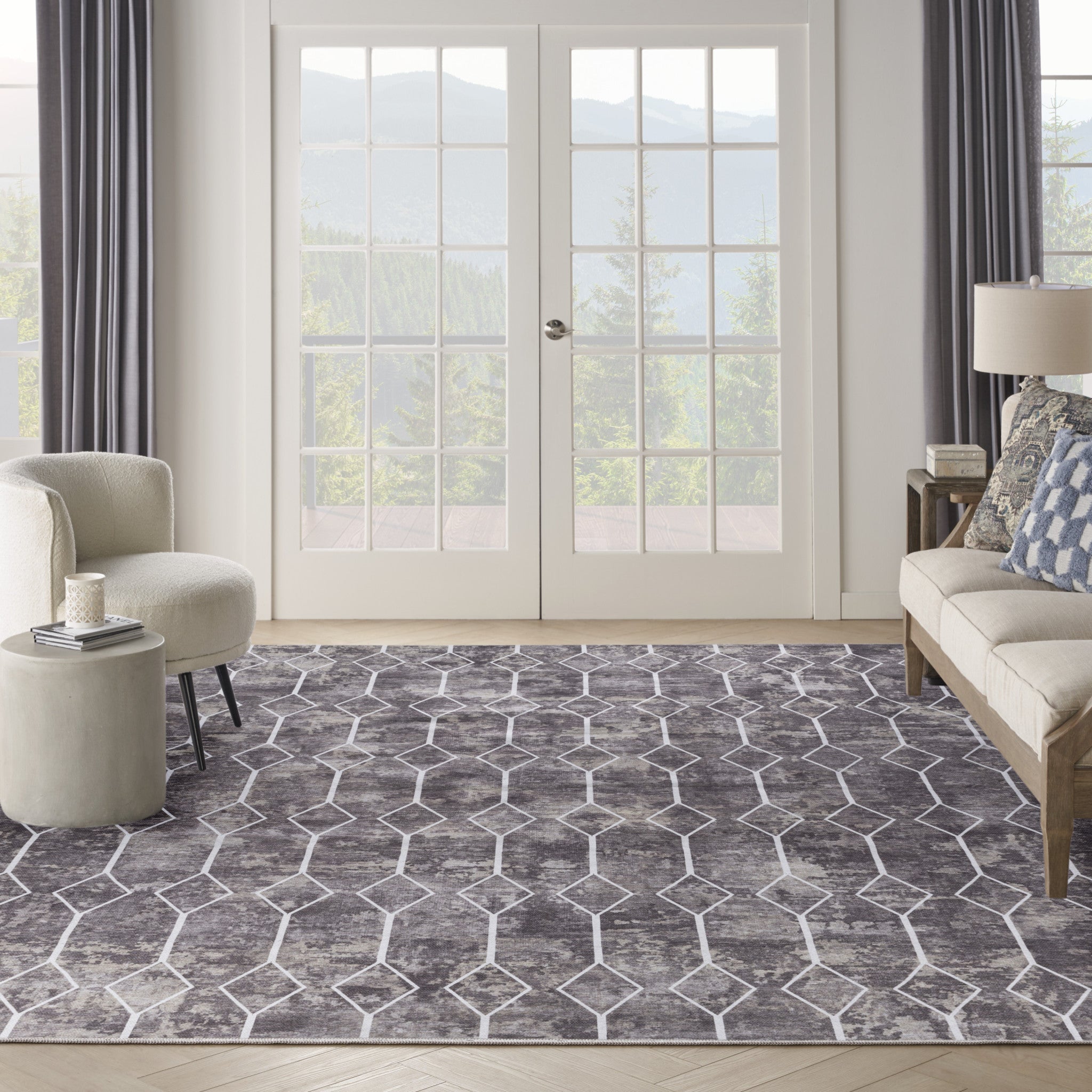 9' x 12' Brown and Ivory Geometric Power Loom Washable Area Rug