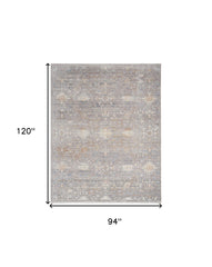 8' x 10' Ivory Blue and Gray Oriental Power Loom Distressed Area Rug With Fringe
