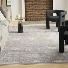 8' x 10' Ivory Blue and Gray Oriental Power Loom Distressed Area Rug With Fringe