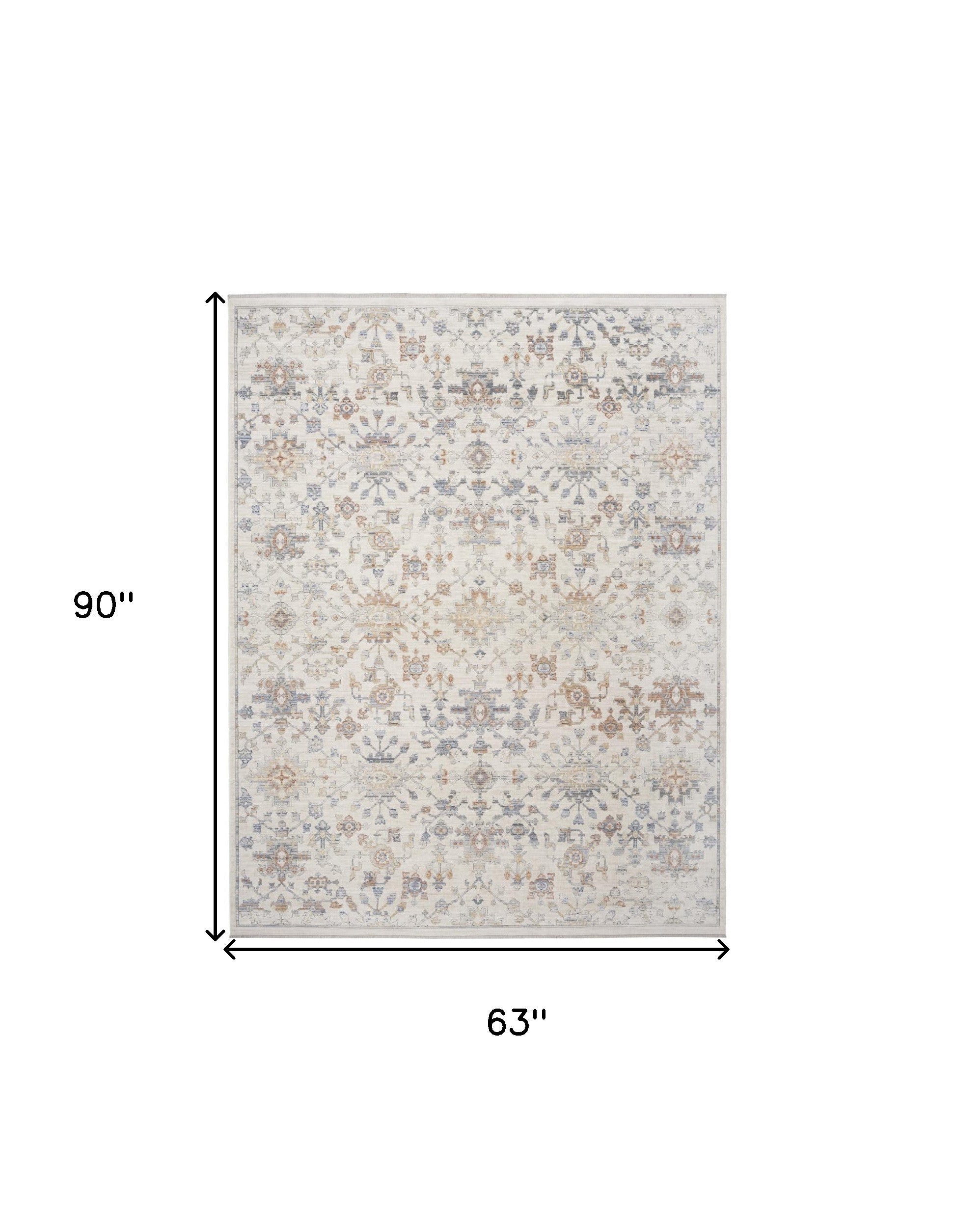 5' x 8' Ivory and Gray Oriental Power Loom Distressed Area Rug With Fringe