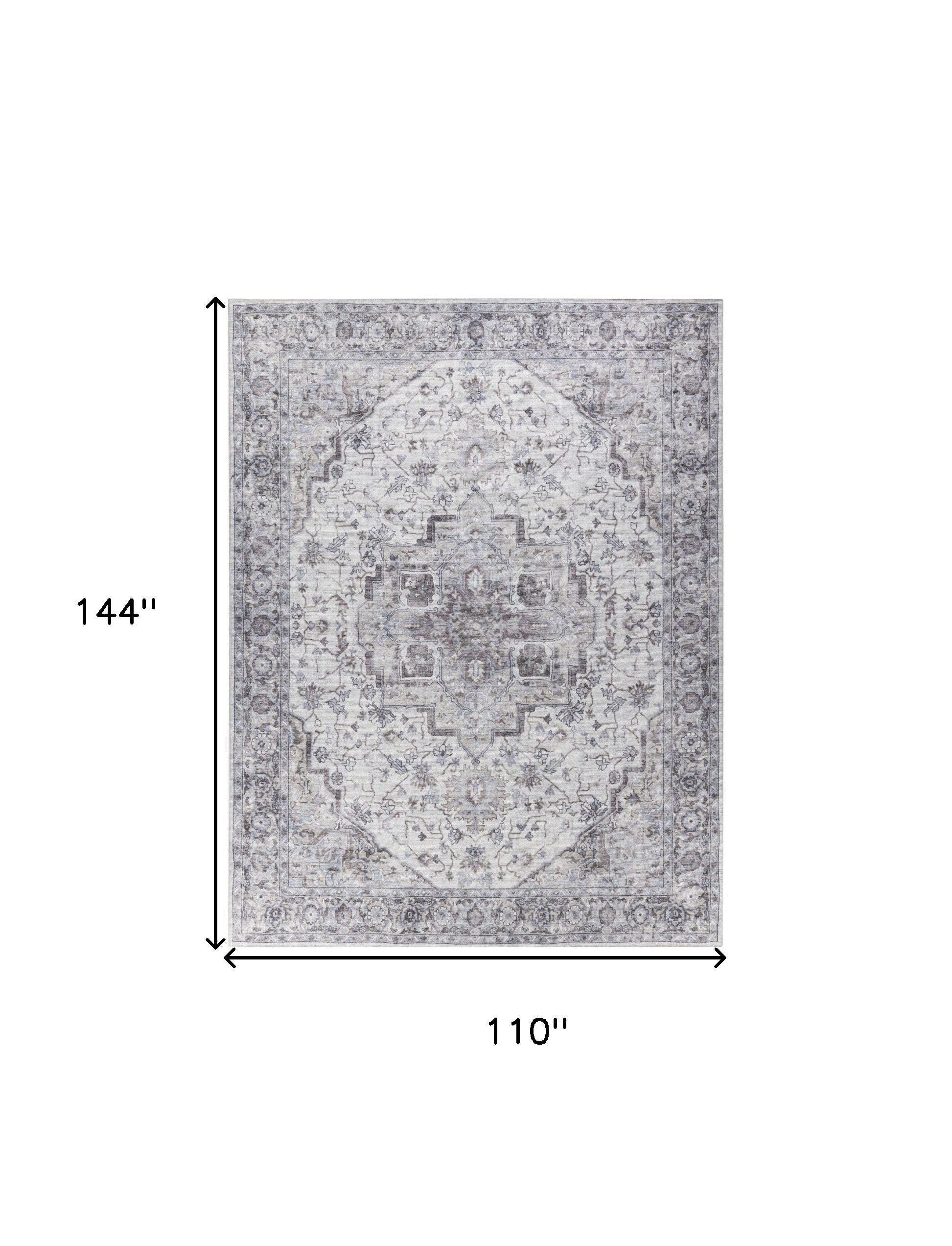 9' x 12' Beige and Ivory Floral Power Loom Distressed Washable Area Rug