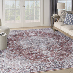 9' x 12' Red and Ivory Floral Power Loom Distressed Washable Area Rug