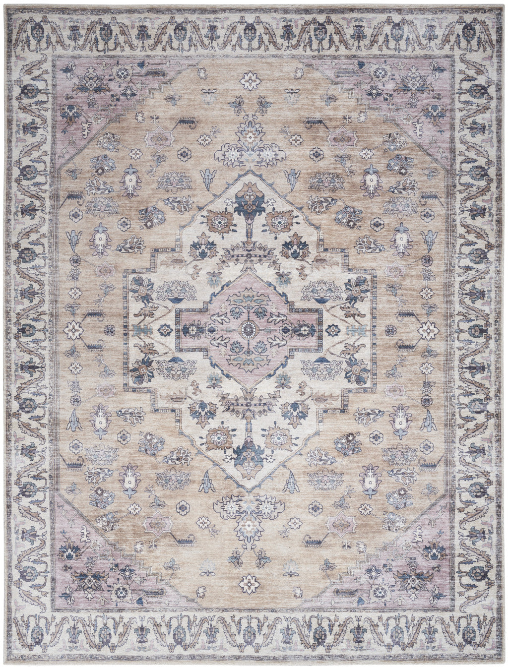 9' x 12' Beige and Gray Oriental Power Loom Distressed Washable Non Skid Area Rug