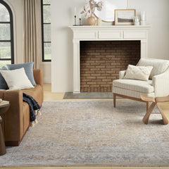 5' x 8' Gray and Gold Oriental Power Loom Distressed Area Rug With Fringe