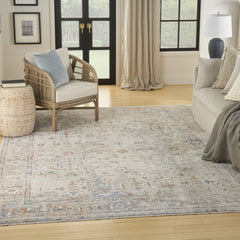 8' x 10' Ivory Blue and Orange Oriental Power Loom Distressed Area Rug With Fringe