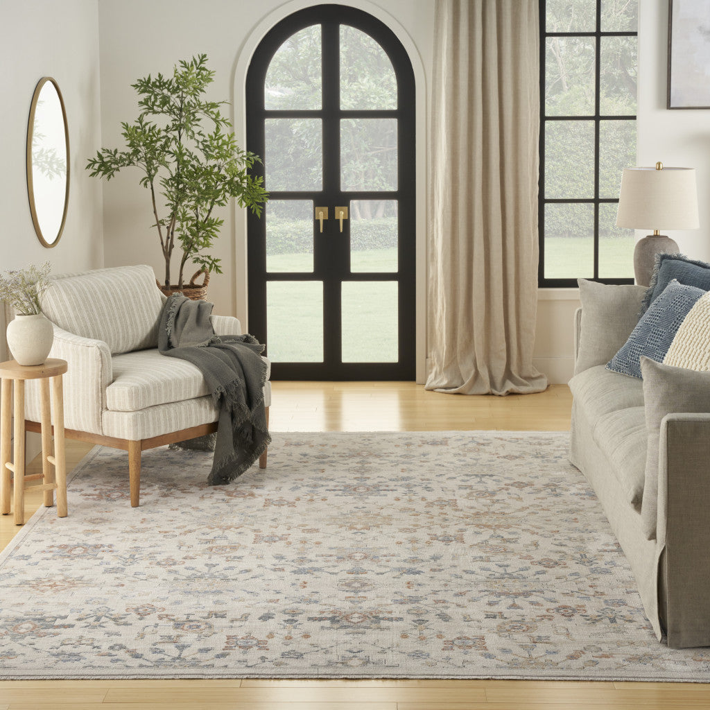 8' x 10' Ivory and Gray Oriental Power Loom Distressed Area Rug With Fringe