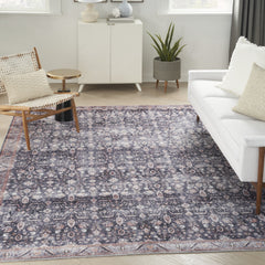 9' x 12' Blue and Ivory Oriental Power Loom Distressed Washable Non Skid Area Rug